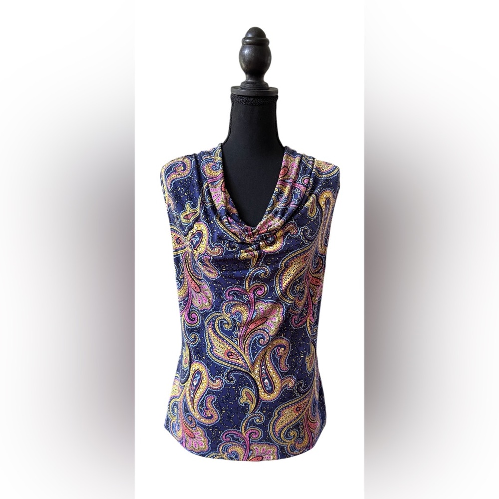 Tahari Multicolor Paisley Cowl Drape Neck Top